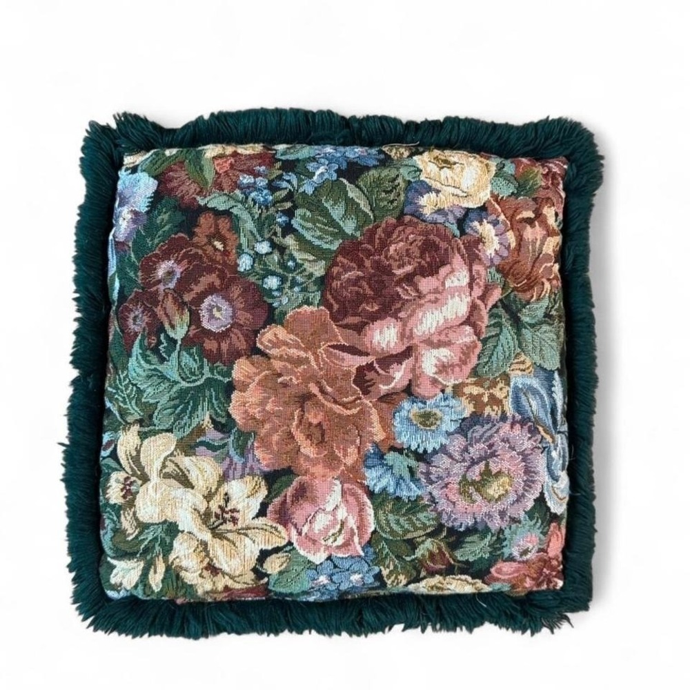 Laura Ashley vintage English floral tapestry cushion with a‎ green faux-fur trim